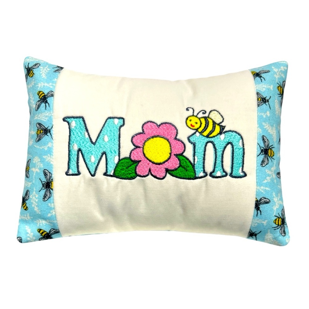 Hand Crafted Embroidered Mom Accent Pillow Blue and White with Bees and Flowers